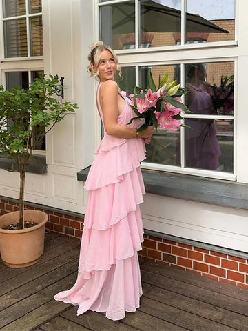A line Halter Chiffon floor-length pink prom dresses SD1480